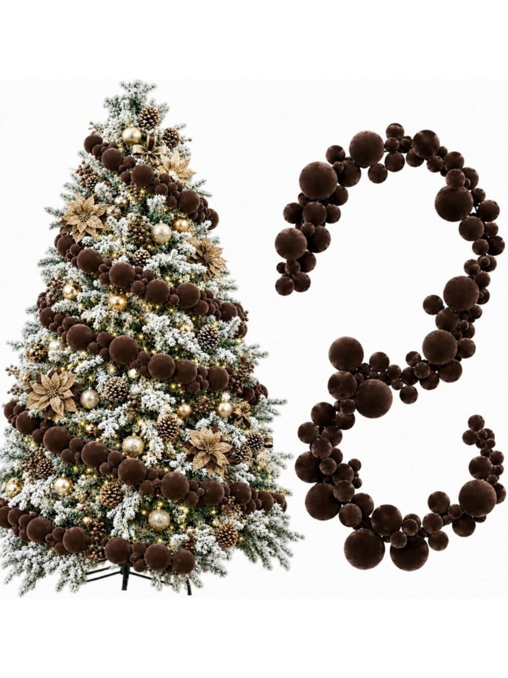 Set of 2 - 6ft Brown Velvet Christmas Ball Ornament Garland for Holiday Decor